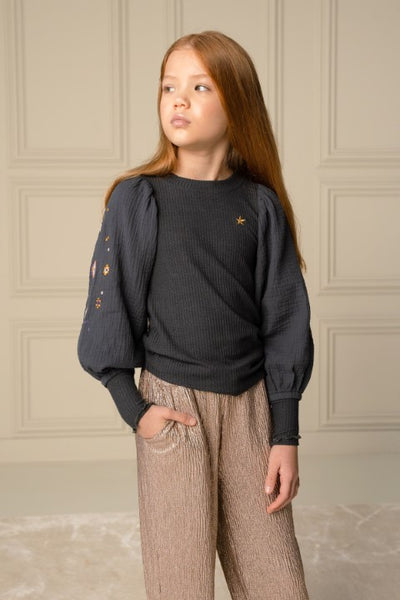 Like Flo w24 Eloise Flo girls top with rib body, mousseline sleeves with embroidery Antra F408-5402 092