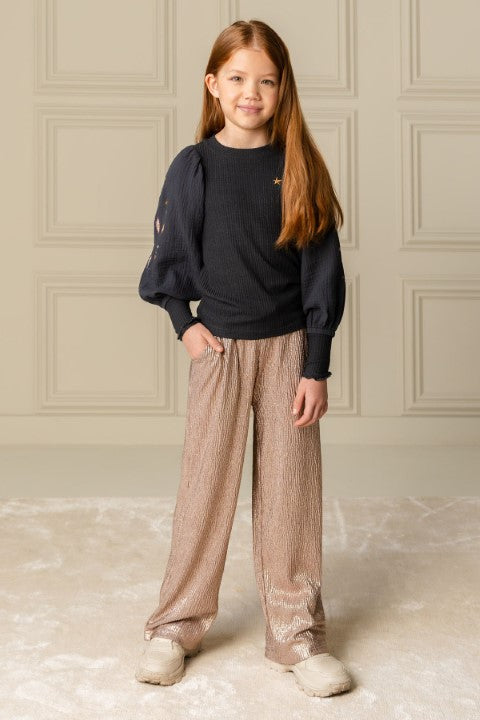 Like Flo w24 Eloise Flo girls top with rib body, mousseline sleeves with embroidery Antra F408-5402 092