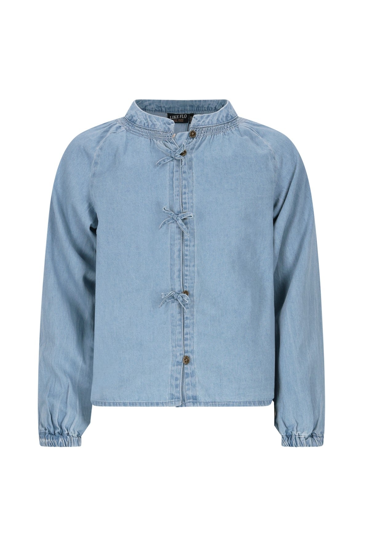 Like Flo w25 Chei Flo girls chambrey blouse with fake bow closure lt denim F508-5101 181