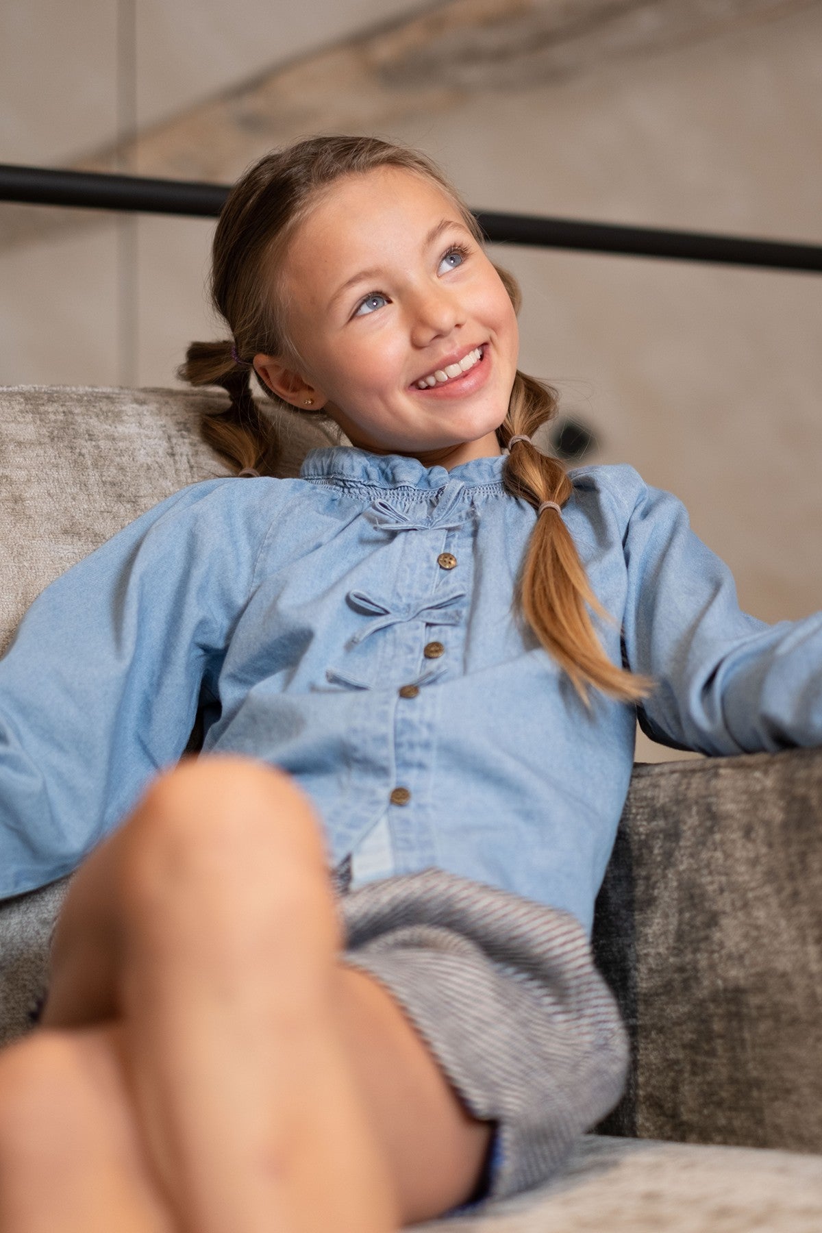 Like Flo w25 Chei Flo girls chambrey blouse with fake bow closure lt denim F508-5101 181