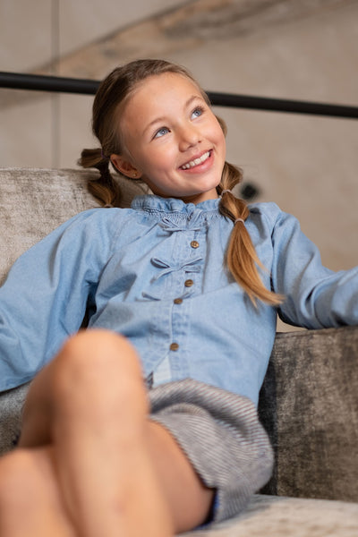 Like Flo w25 Chei Flo girls chambrey blouse with fake bow closure lt denim F508-5101 181