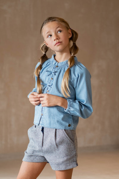 Like Flo w25 Chei Flo girls chambrey blouse with fake bow closure lt denim F508-5101 181