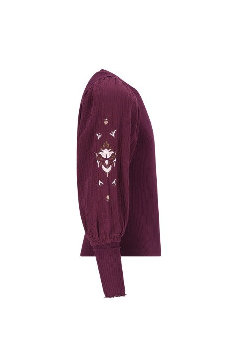 Like Flo w25 Eloise Flo girls top with rib body and balloon sleeves Cherry F508-5402 615