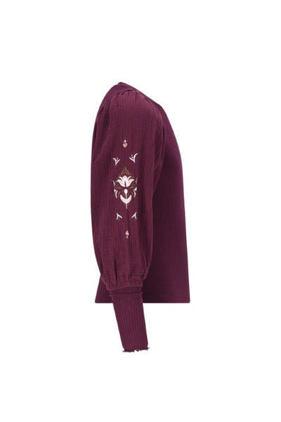 Like Flo w25 Eloise Flo girls top with rib body and balloon sleeves Cherry F508-5402 615