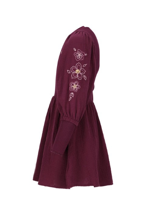 Like Flo w25 Maya Flo girls woven dress with balloon sleeves an rib body Cherry F508-5805 615