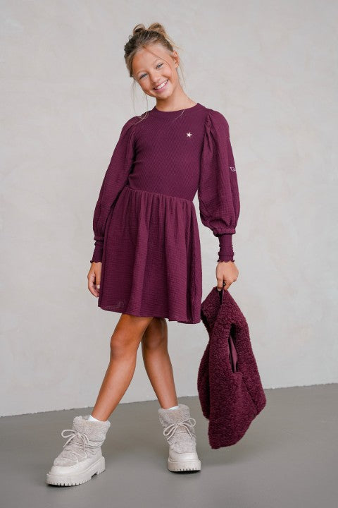 Like Flo w25 Maya Flo girls woven dress with balloon sleeves an rib body Cherry F508-5805 615