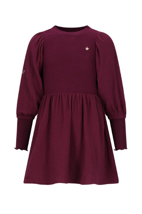 Like Flo w25 Maya Flo girls woven dress with balloon sleeves an rib body Cherry F508-5805 615