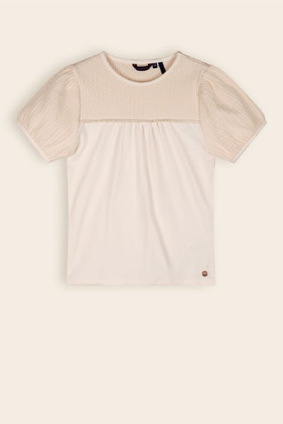 NoNo S24 Girls Kids Karen T-Shirt Mixed Fabris Puffed Short Sleeves Pearled Ivory N403-5414 020