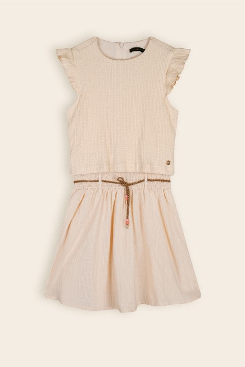 NoNo S24 Girls Kids Mayka Mixed dress Fancy Jersey Knit+Woven Slub Skirt Pearled Ivory N403-5813 020