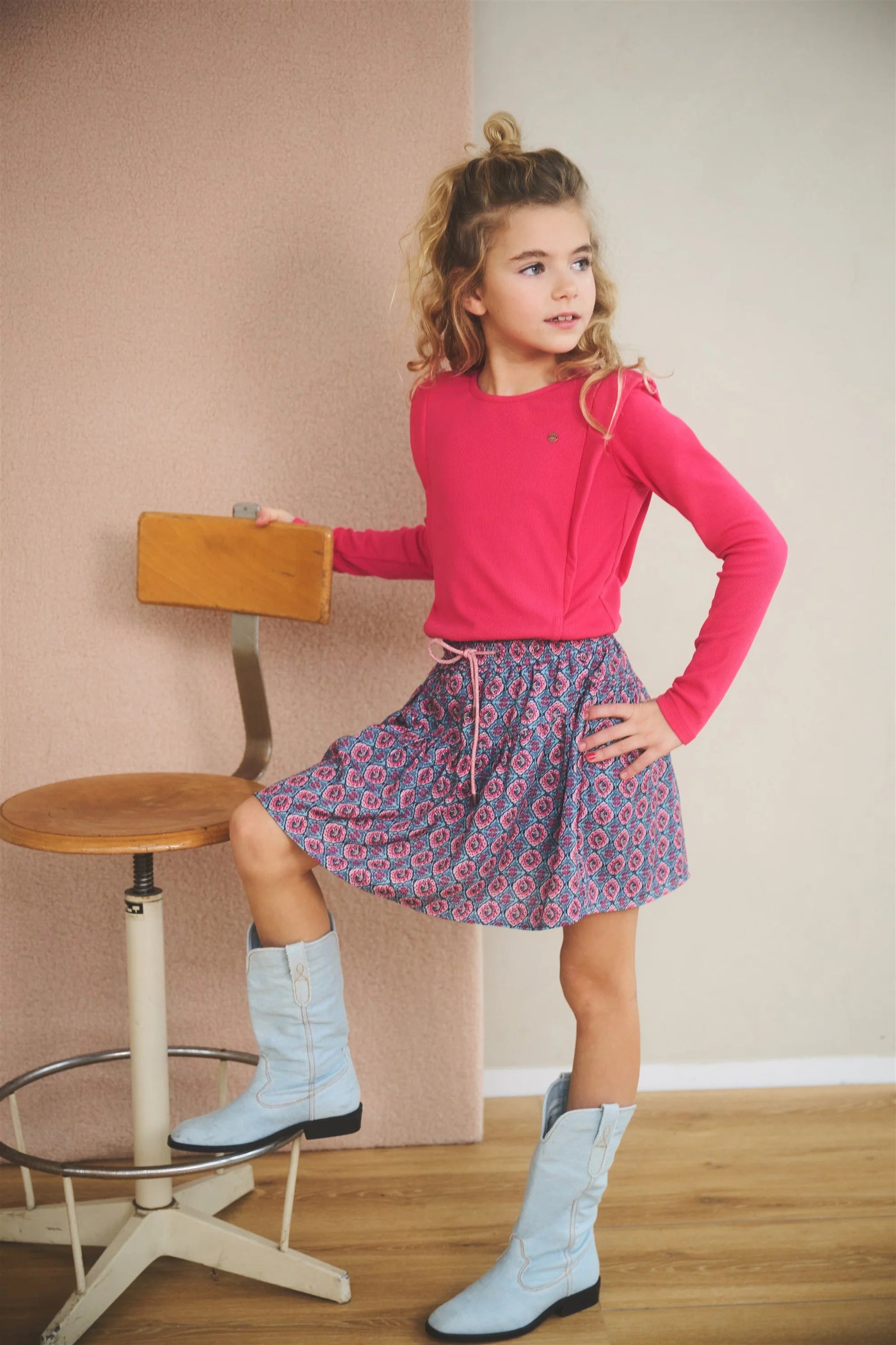 NoNo w24 Girls Kids Morly combi dress AOP skirt+rib top Azalea Pink N408-5807-269