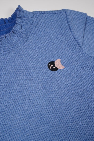 NoNo w24 Girls Kids Kina melange rib jersey tshirt with with fancy shouder Wedgewood Blue N409-5403 150