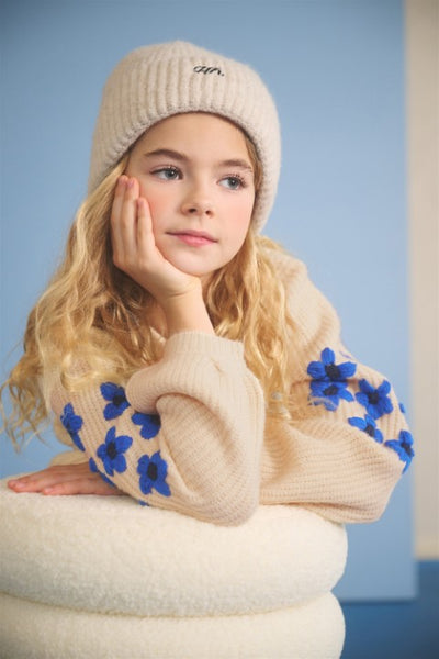 NoNo w25 Kem Melange Knitted Sweater with Flower embro Pearled Ivory N508-5306 020