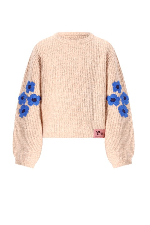 NoNo w25 Kem Melange Knitted Sweater with Flower embro Pearled Ivory N508-5306 020