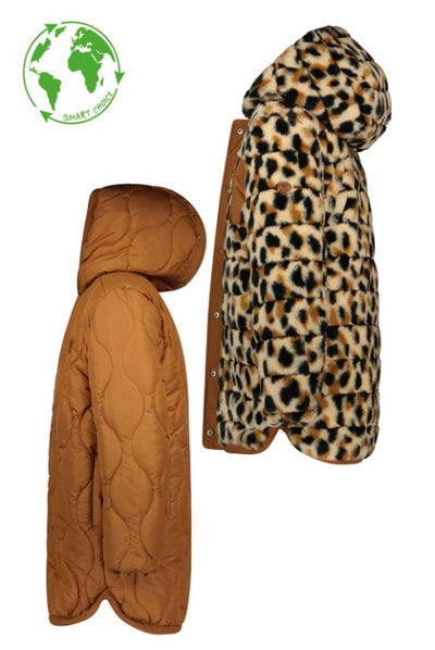 Flo girls reversible long hooded jacket fancy quilting Camel F207-5208 435
