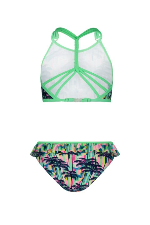 Just-Beach-S23 Girls aop bikini with braided backside and ruffle pants Tropical palms J302-5028 253