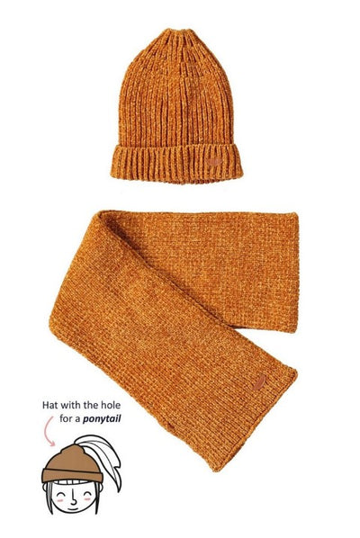 Nono Raya chenille set: beanie with ponytail hole+scarf Intense Gold N207-5902 517