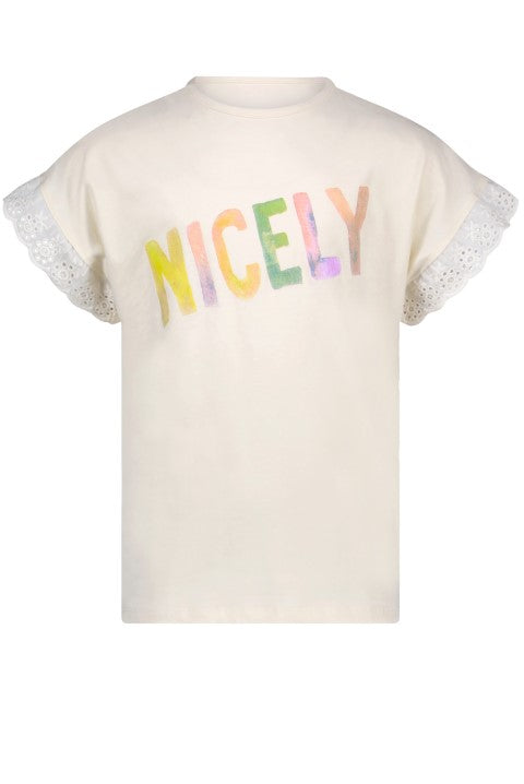 NoNo ss23 Kebou tshirt short embroidered sleeves with HAPPY print Pearled Ivory N303-5414 020